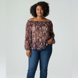 Plus Size 1X Terra & Sky Purple & Cream Romantic Sheer‎ Long Sleeves Top Blouse